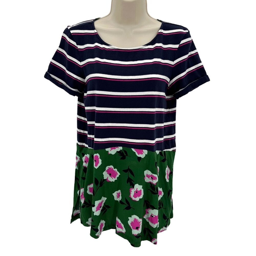 Anthropologie Womens Striped Knit & Floral Woven Short Sleeve Top Size S